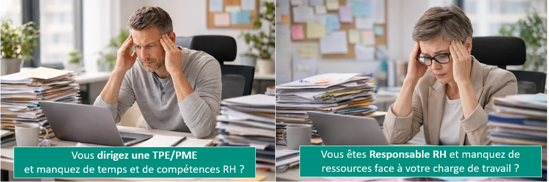 Deux situations : un dirigeant de TPE/PME et une responsable RH débordés face à leurs enjeux RH